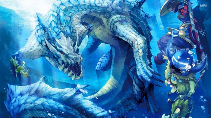 Monster Hunter creature and hunters underwater