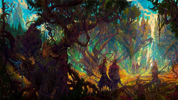 Fantasy forest with druids and overgrown trees