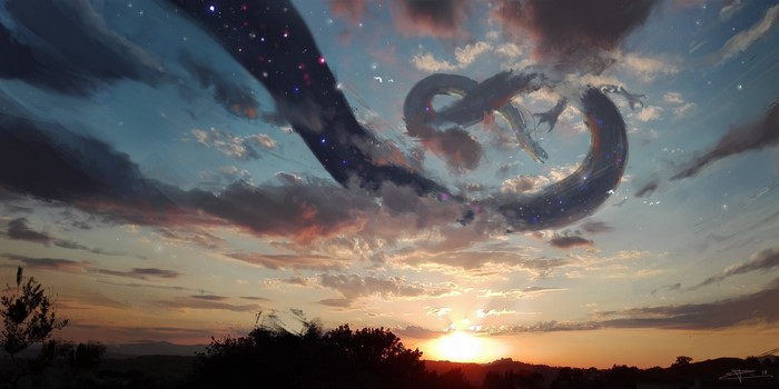 Dragon made of stars and clouds in a sunset sky