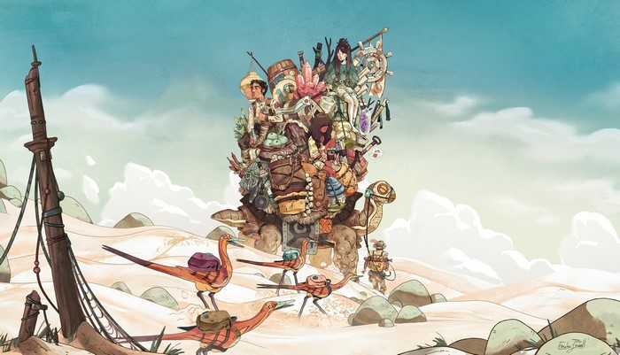 Adventurers on a giant turtle in a desert landscape