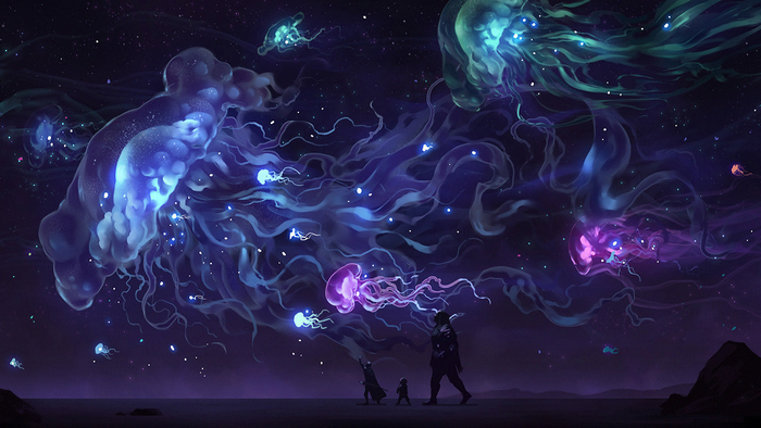 Fantasy art of jellyfish in a starry sky with adventurers