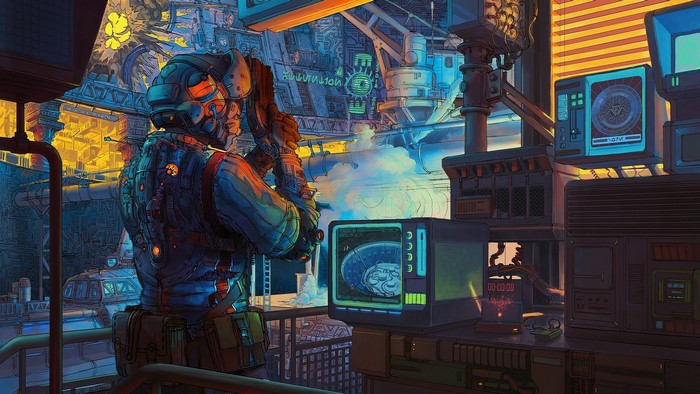 Cyberpunk city with a soldier and futuristic technology