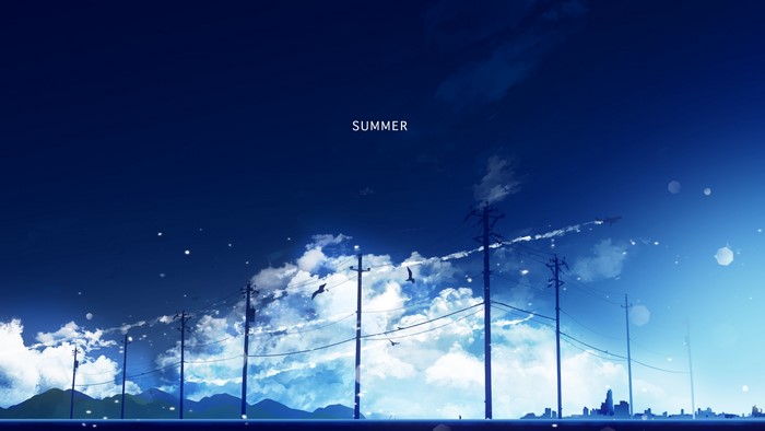 Anime summer sky with utility poles and clouds