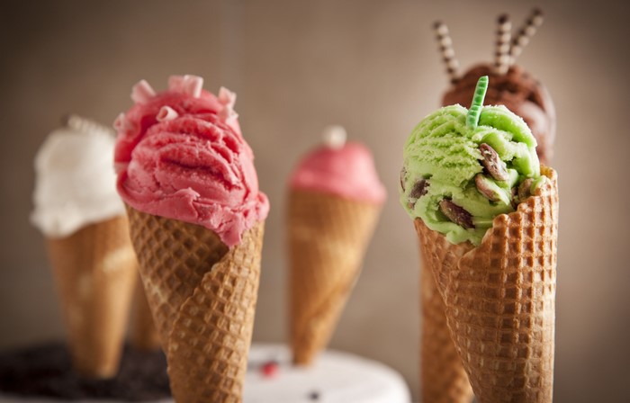 Assortment of ice cream cones in waffle cones