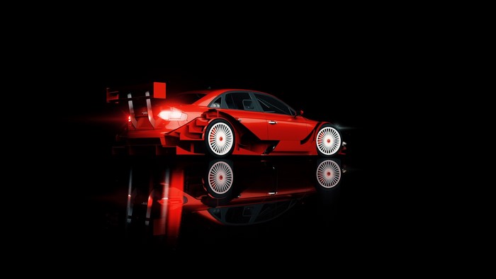Red Audi race car with custom body kit