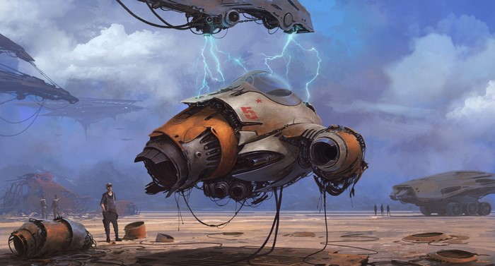 Futuristic spaceship being charged by lightning in a desert landscape