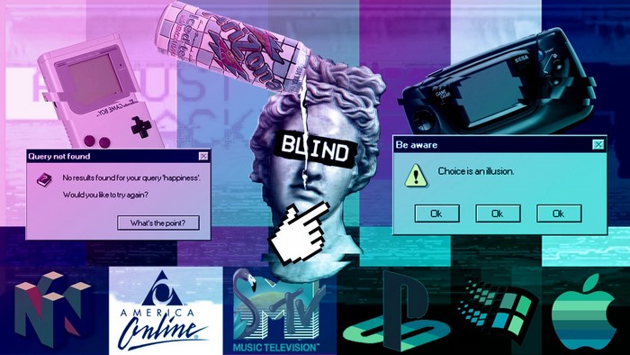 Vaporwave collage with retro tech and classical art