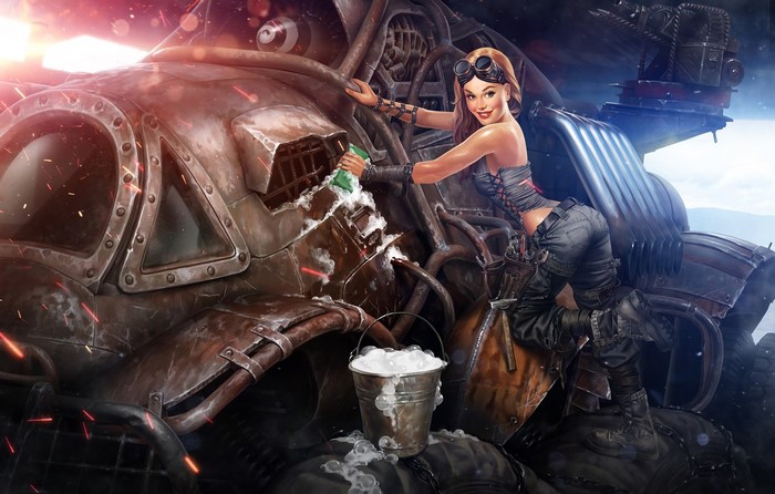 Steampunk girl washing a futuristic vehicle
