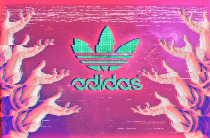 Adidas logo with glitch effect and hands