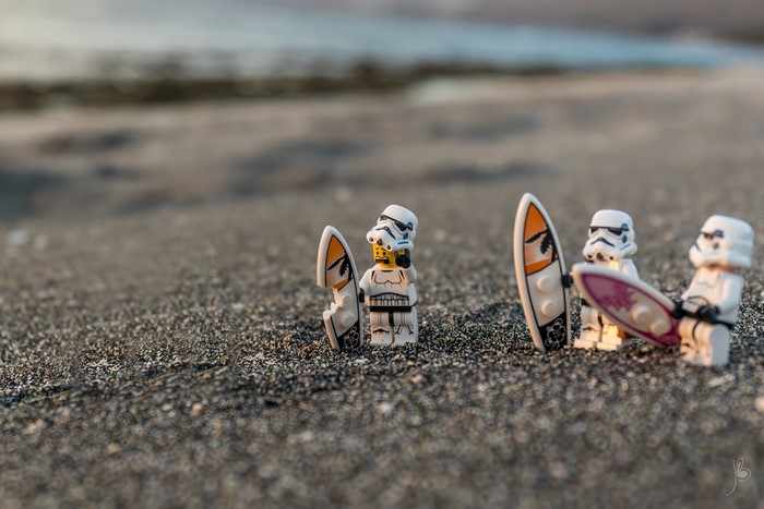 LEGO Star Wars Stormtroopers with surfboards on a beach