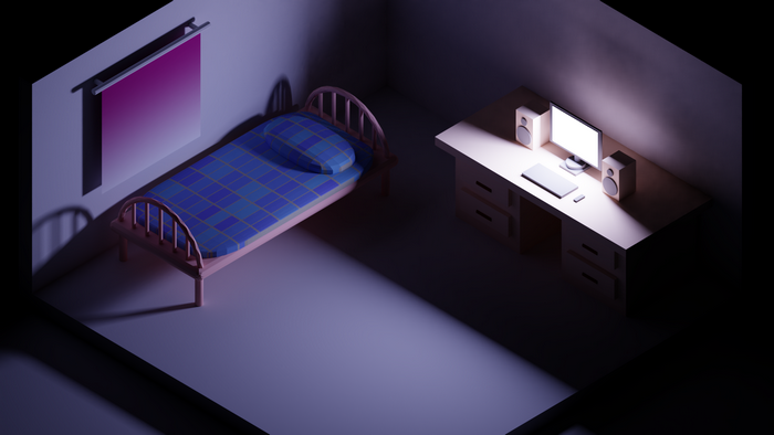 Isometric room with a bed and computer desk