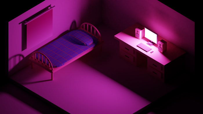 Isometric room with bed and computer desk