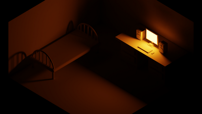 Isometric room with bed and computer desk