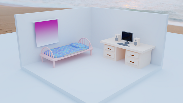 Minimalist 3D room with bed and computer