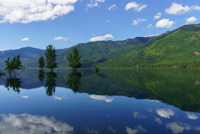 Trees reflected in a lake with mountains and clouds