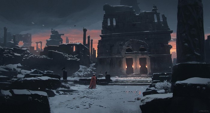 Soldier in red cloak in snowy ruins at sunset