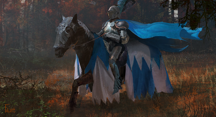 Knight in armor on horseback with blue cape in forest