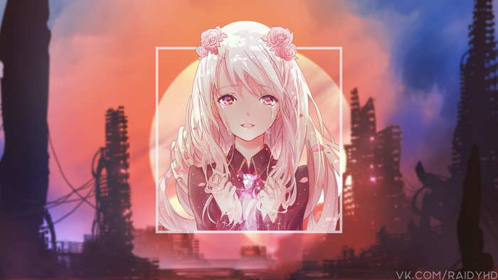 Anime girl with roses and ruined city background