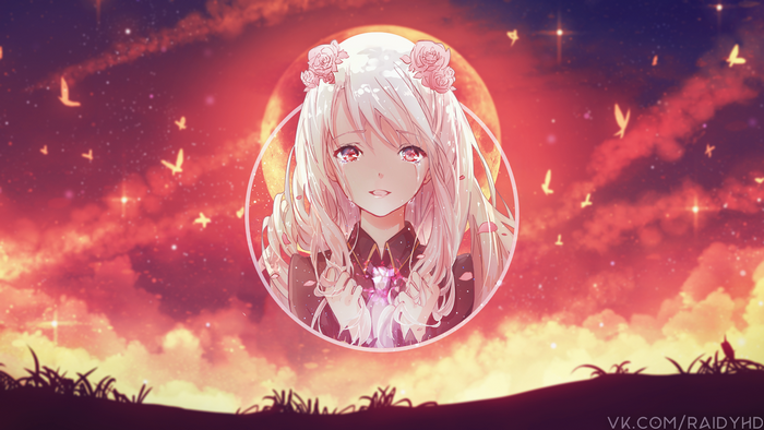 Anime girl with flowers and moon background