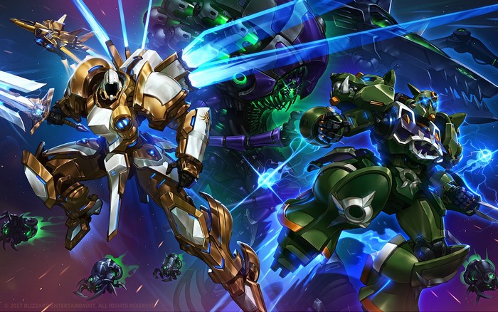 Robots and alien creatures in a space battle