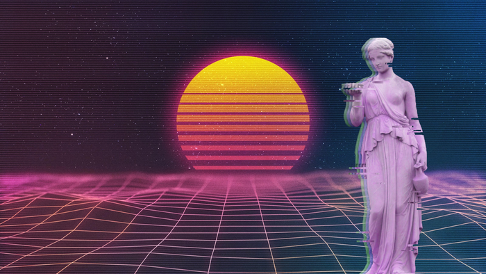Vaporwave statue with retro sunset and grid landscape