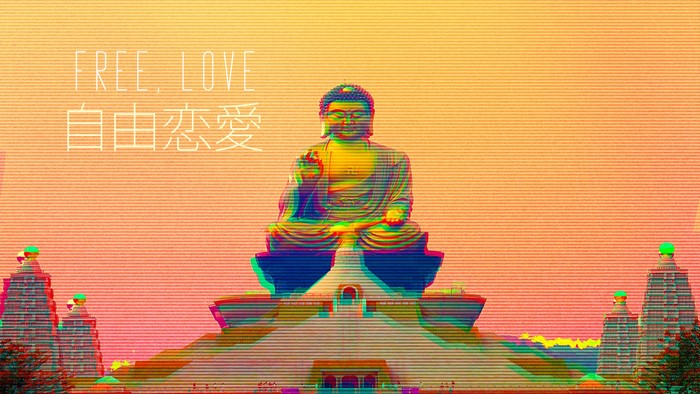 Buddha statue with text "FREE, LOVE" and Japanese characters
