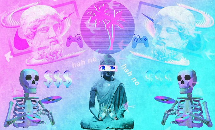 Vaporwave Buddha with Skeletons and PlayStation Controllers