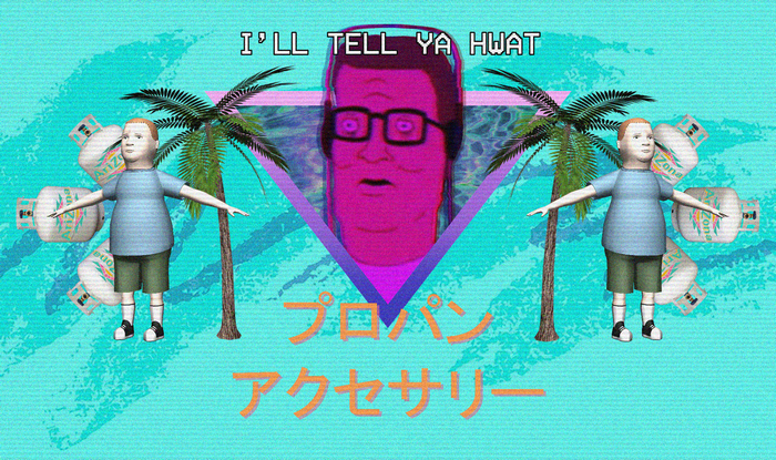 Bobby Hill and Hank Hill from King of the Hill in Vaporwave style