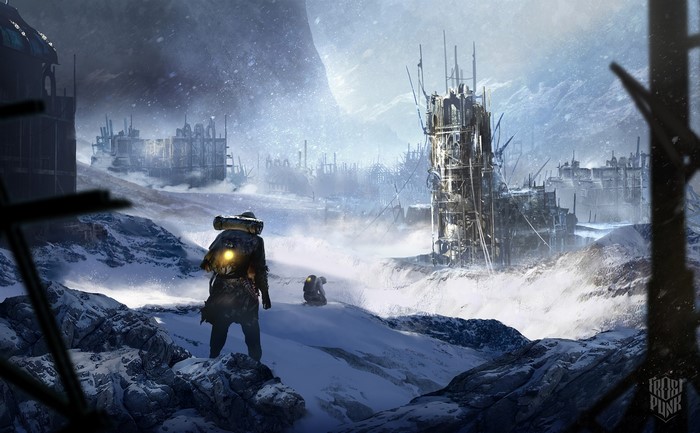 Frostpunk artwork of survivors in a snowy, post-apocalyptic city
