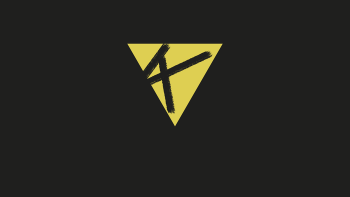 Yellow triangle with black brush strokes forming a number 4