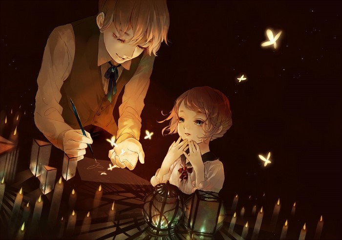 Anime boy and girl with candles and fireflies