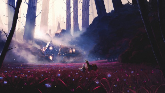 Fantasy forest with houses, deer, and a person