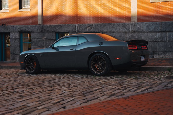 Gray Dodge Challenger SRT on a cobblestone street
