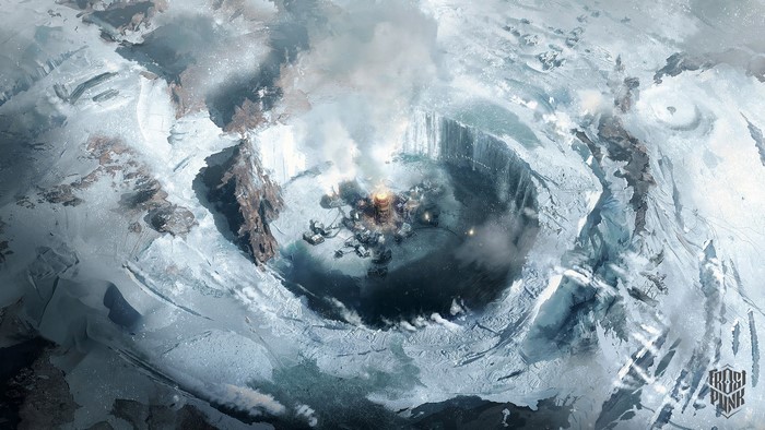 Frostpunk city artwork in a frozen crater
