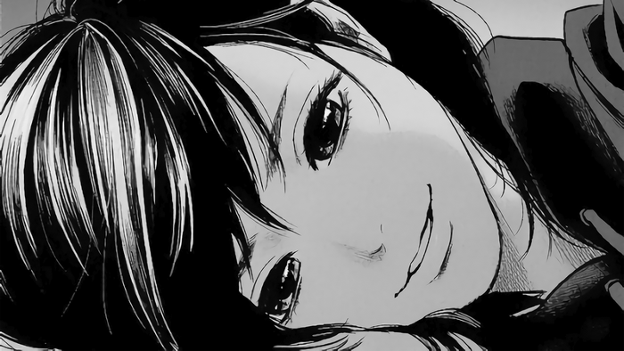 Monochrome anime girl with black hair smiling