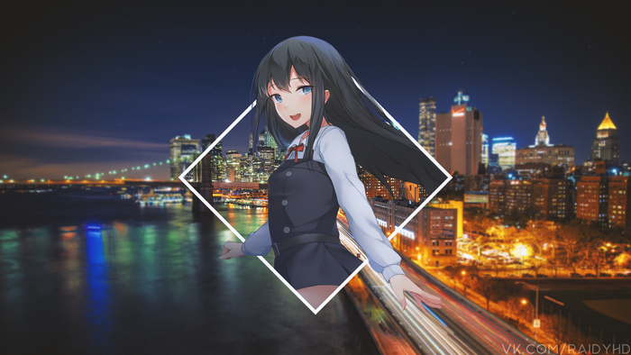 Anime girl in front of New York City skyline at night