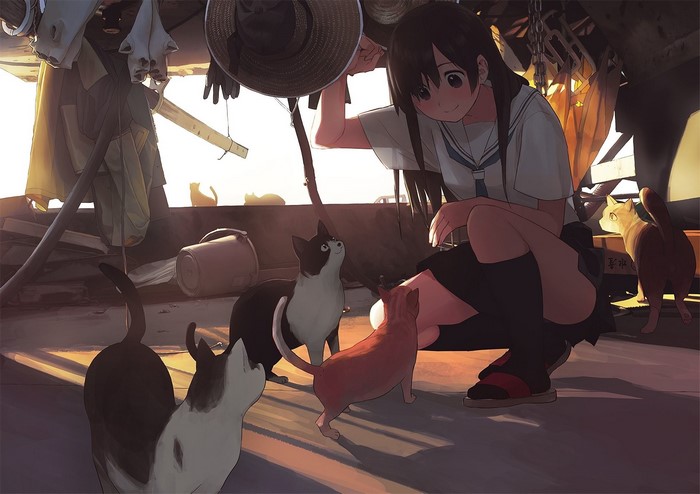 Anime girl with cats in a rustic setting