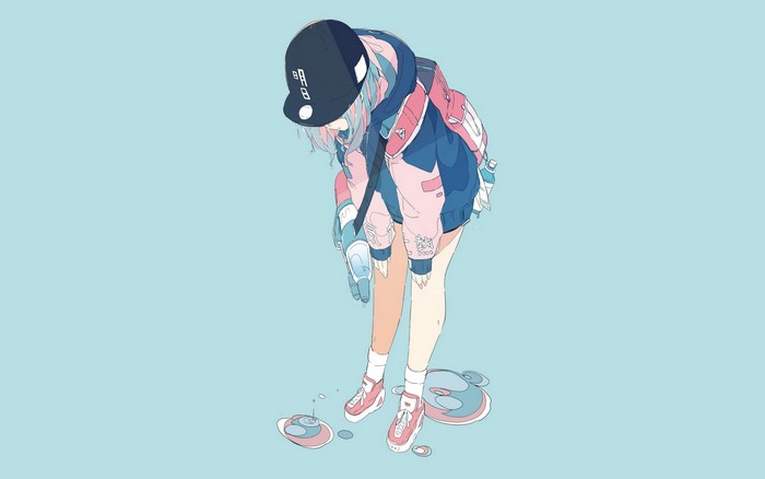 Anime girl with hat and backpack on blue background