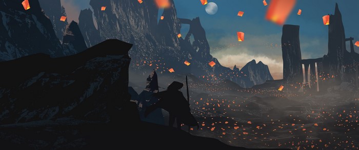 Silhouette of a warrior with sky lanterns over a fantasy landscape