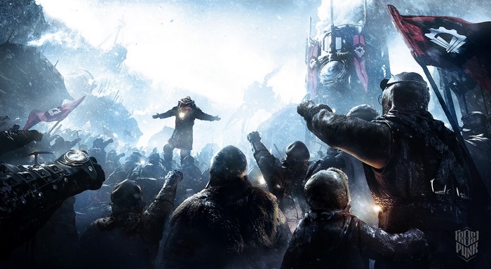 Frostpunk artwork of people in a snowy environment