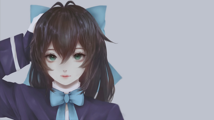 Anime girl with brown hair and green eyes wearing a blue bow