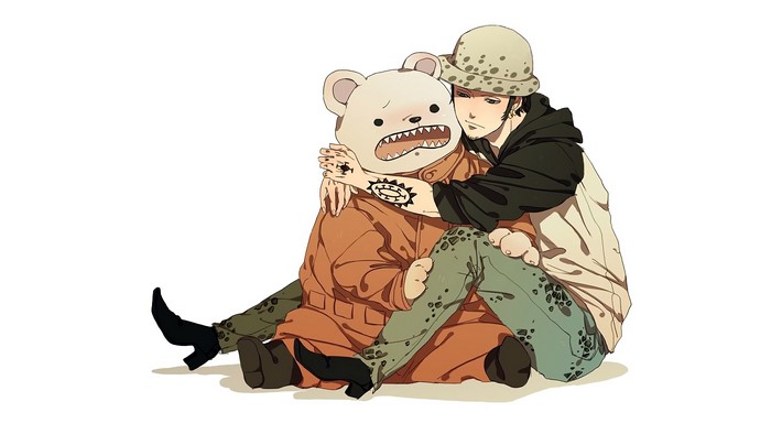 Trafalgar Law hugging a bear from One Piece