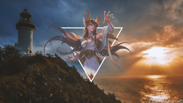 Anime girl with lighthouse and sunset
