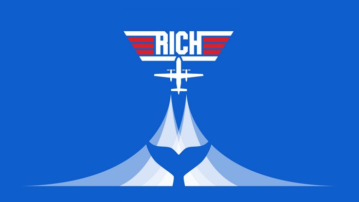 Airplane with RICH logo above whale tail