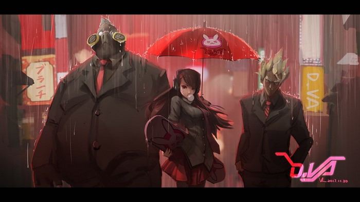 Roadhog, D.Va, and Junkrat from Overwatch in the rain