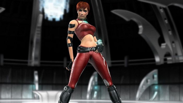 Woman in red outfit with short brown hair