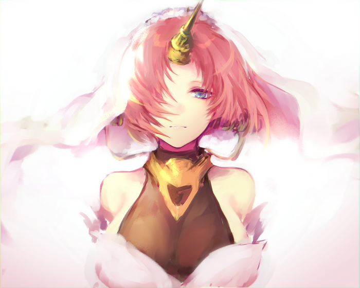 Frankenstein from Fate/Apocrypha with pink hair and a unicorn horn