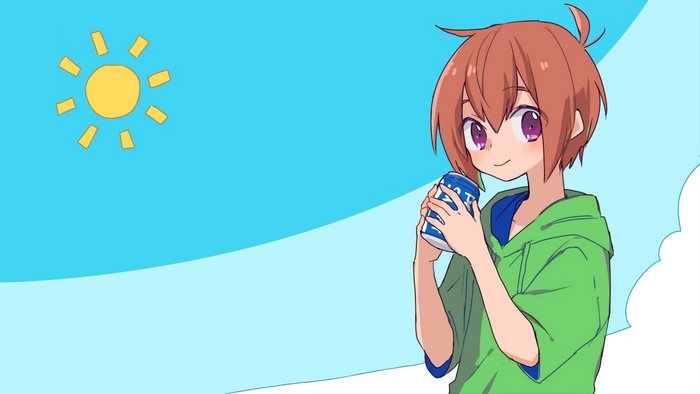 Anime boy with soda on a sunny day
