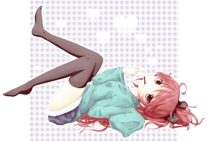 Anime girl with pink hair eating a chocolate stick