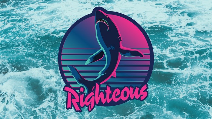 Retro shark with "Righteous" text on ocean waves